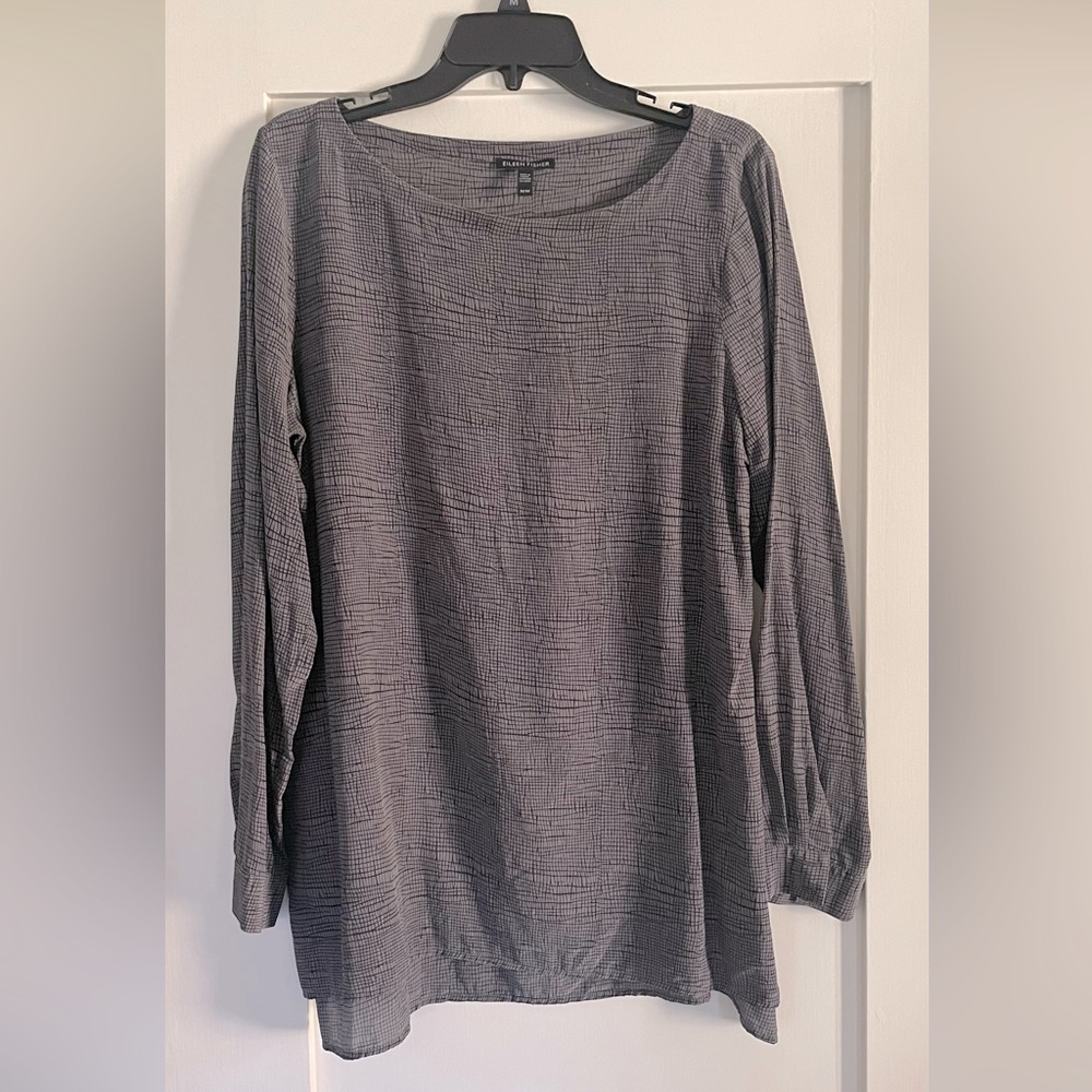 Eileen Fisher gray silk tunic blouse, size M